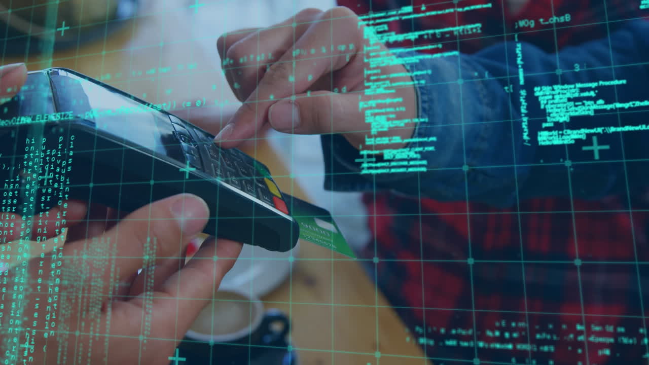 Animation of data processing over caucasian man paying with credit card