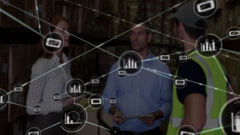 network of logistics and data processing animation over warehouse workers discussing