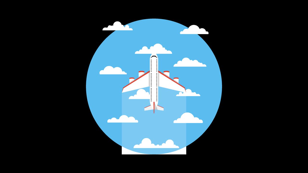 icono animado de avión. icono de moda de avión. avión en un círculo azul. animación de bucle en el canal alfa. resolución de 4k.