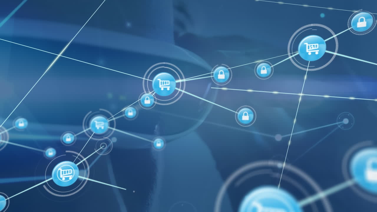 animación de carrito conectado, bloqueo y puntos sobre mujer caucásica que usa simulador de realidad virtual