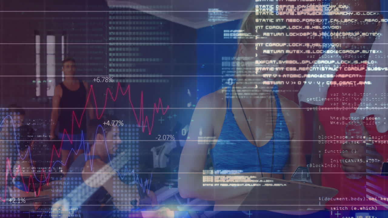 Animation of financial data processing over diverse people at gym