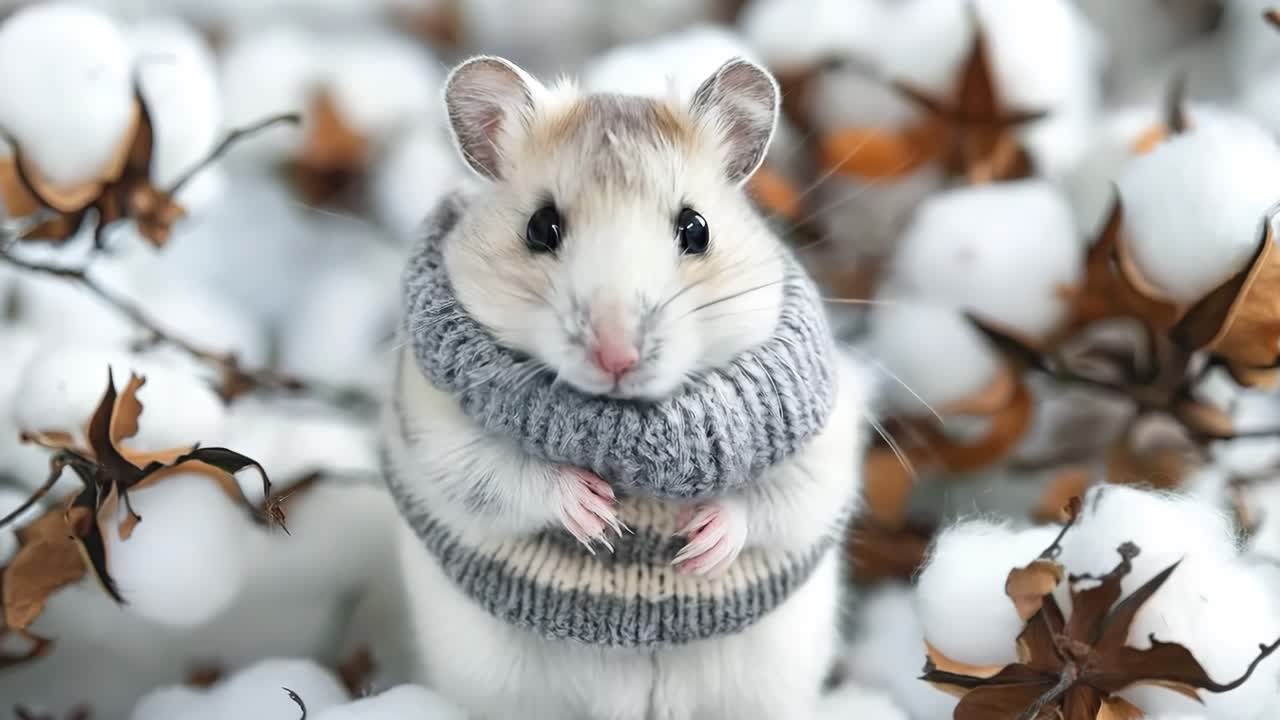 Un criceto che indossa un maglione seduto in un mucchio di cotone