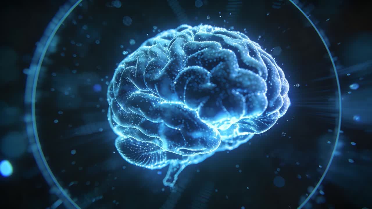 Cerebro holográfico giratorio resplandeciendo y agrupando motas en un vacío de ciencia ficción, con un anillo y orbes iniciando un neuroescaneo.