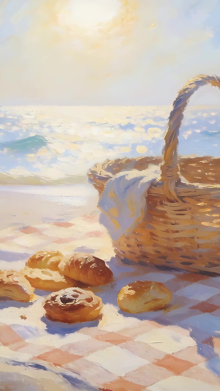 Vertical video: Panning shot revealing picnic basket and pastries on shore, showing sunrise glow