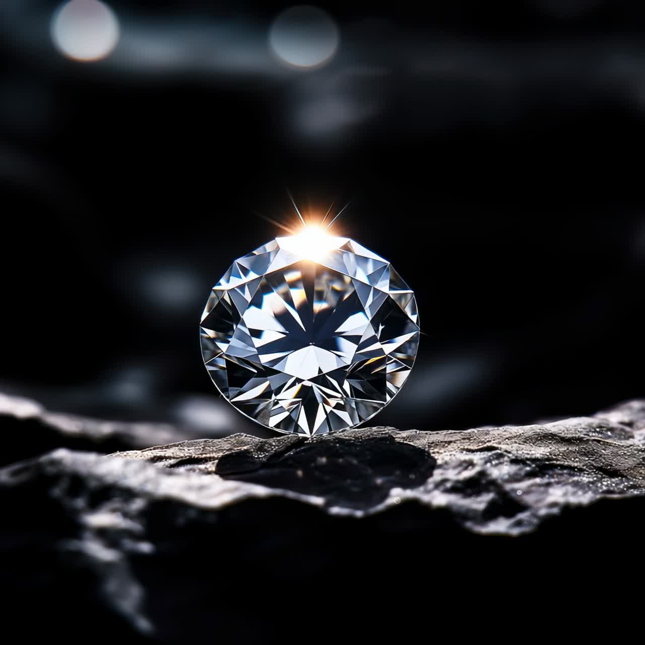 Close-up video still of a sparkling diamond on a dark, textured surface, captured from a low angle