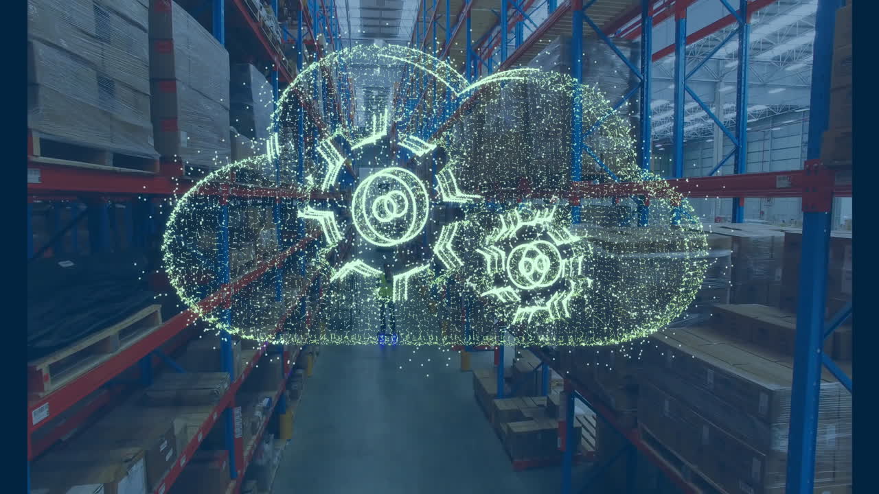 Animation of cloud with cogs icon over caucasian male worker in warehouse