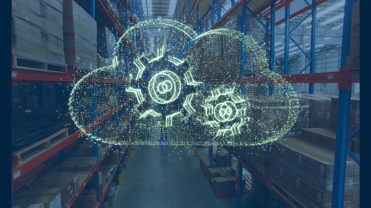 Animation of cloud with cogs icon over caucasian male worker in warehouse