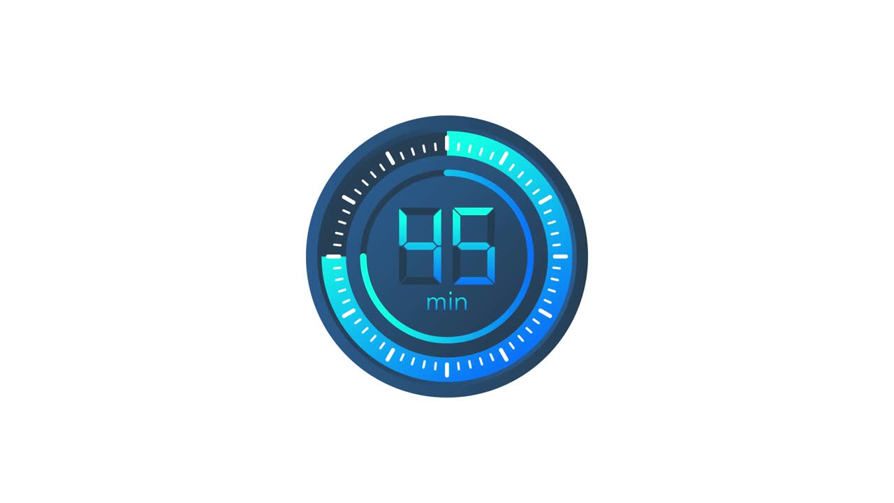 The 45 minutes timer. Stopwatch icon in flat style. Motion graphics.