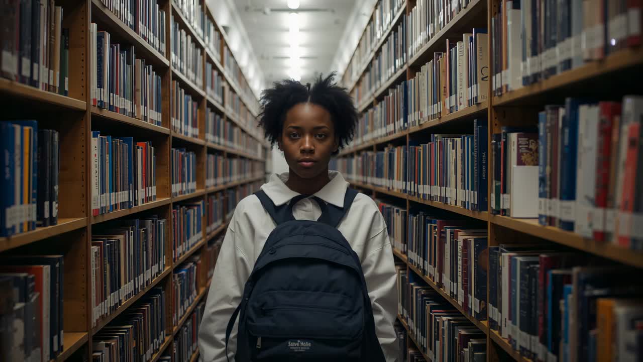 Camera dollying in on student in uniform with navy backpack between bookshelves, tightening frame