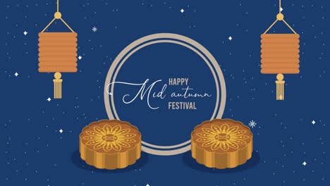 happy mid autumn festival lettering with lanterns and mooncakes