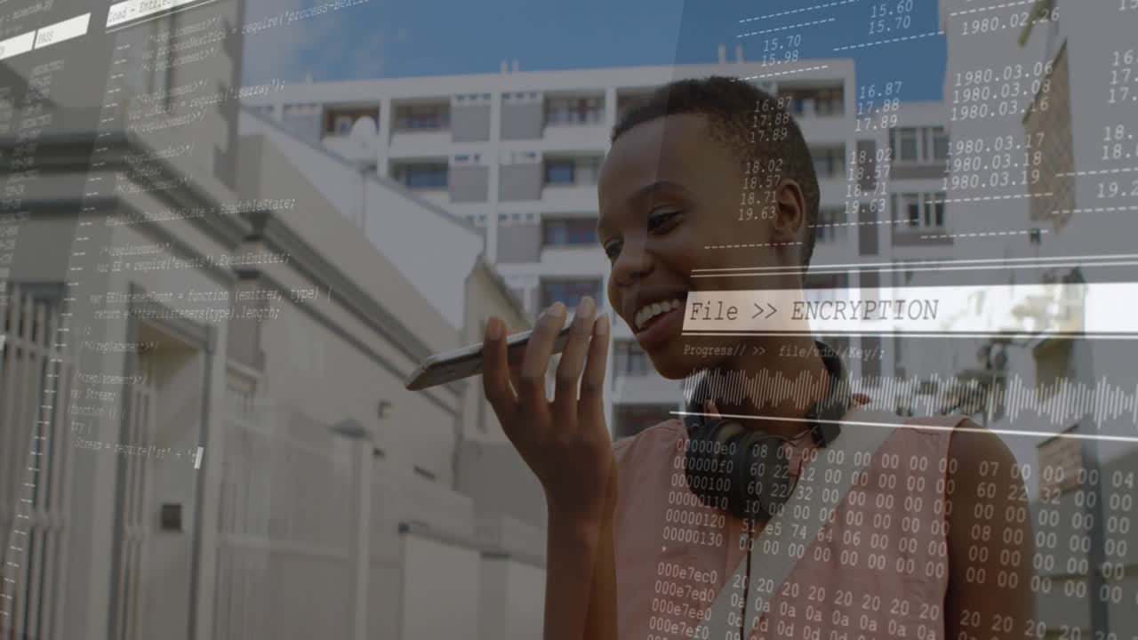 Using smartphone with encryption data animation overlay, smiling person in office
