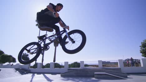 a bmx bike rider executes a high jump at a skatepark 1