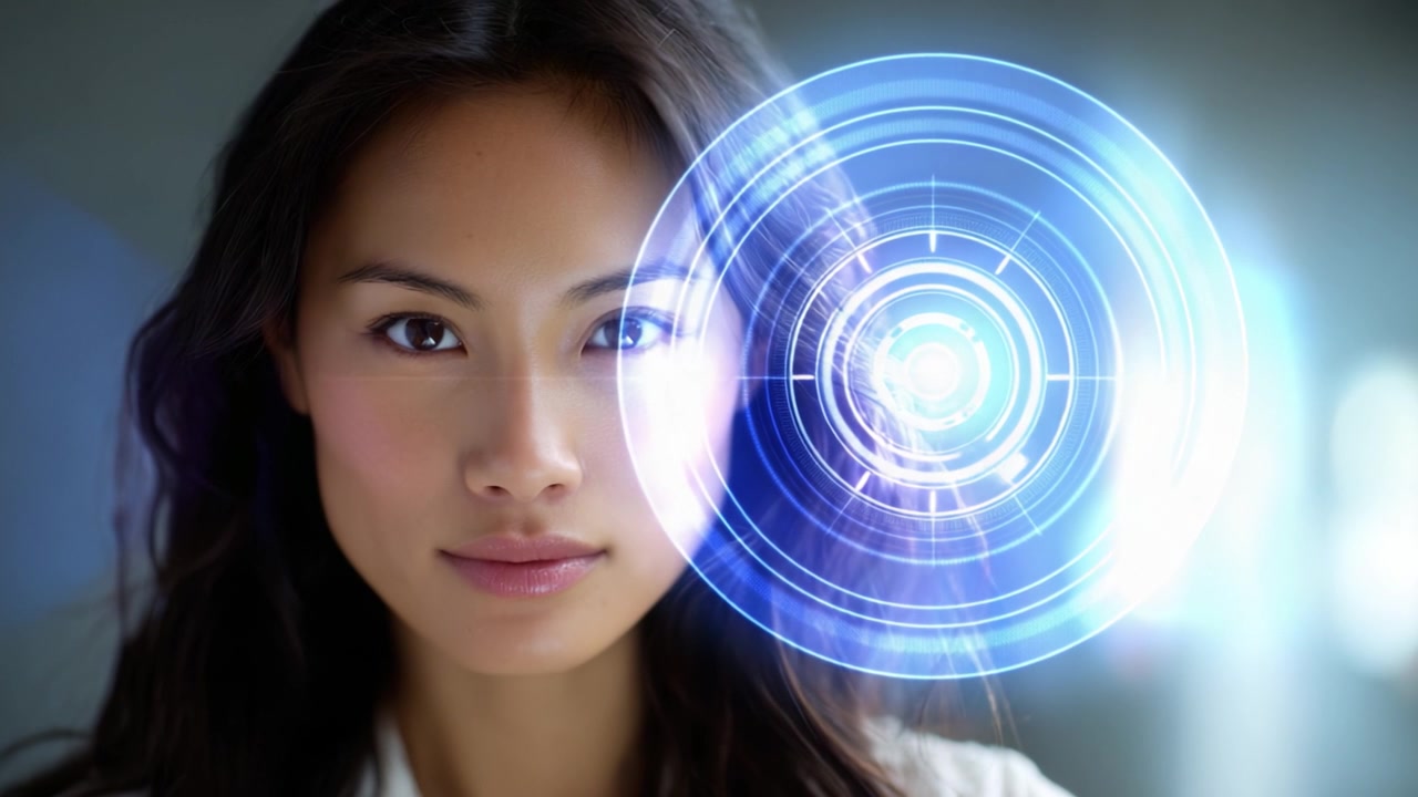 A young woman gazes confidently at advanced technology visuals, embodying the intersection of beauty, intelligence, and futuristic innovation in digital interactions.