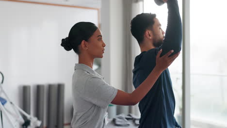 Woman,-consulting-or-dumbbell-for-patient