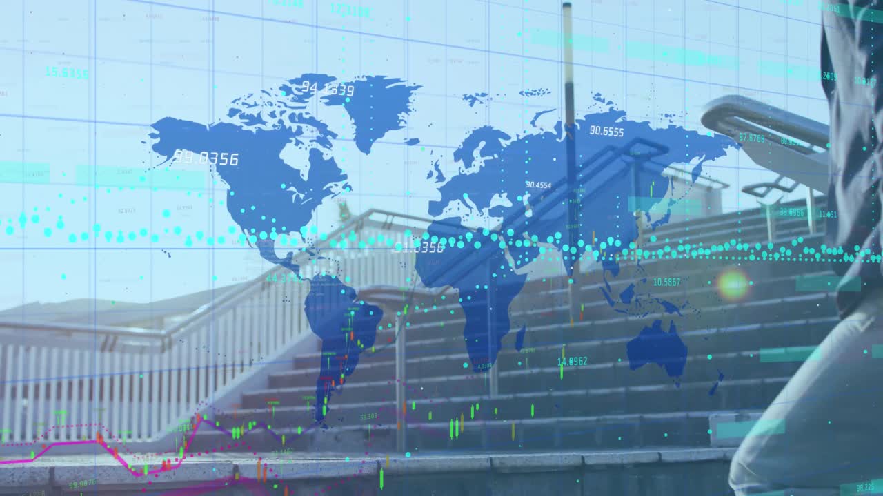 階段を上るバッグを持った白人男性を背景に、地図の上に数字付きのグラフが表示されるアニメーション。