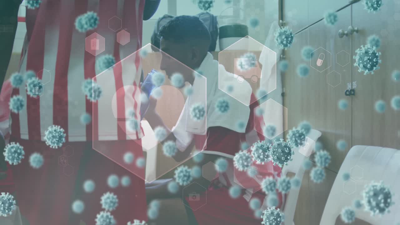 Animation of medical icons and virus cells over diverse football players