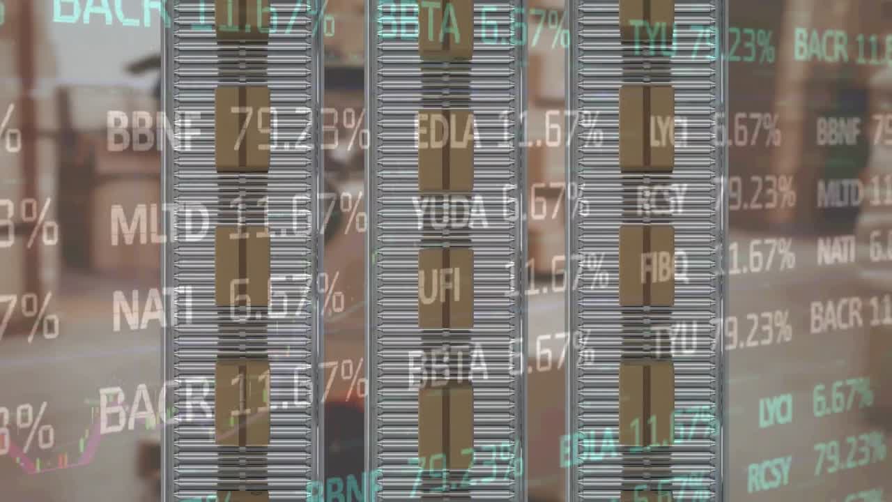 animación del procesamiento de datos financieros sobre cajas de cartón en cintas transportadoras