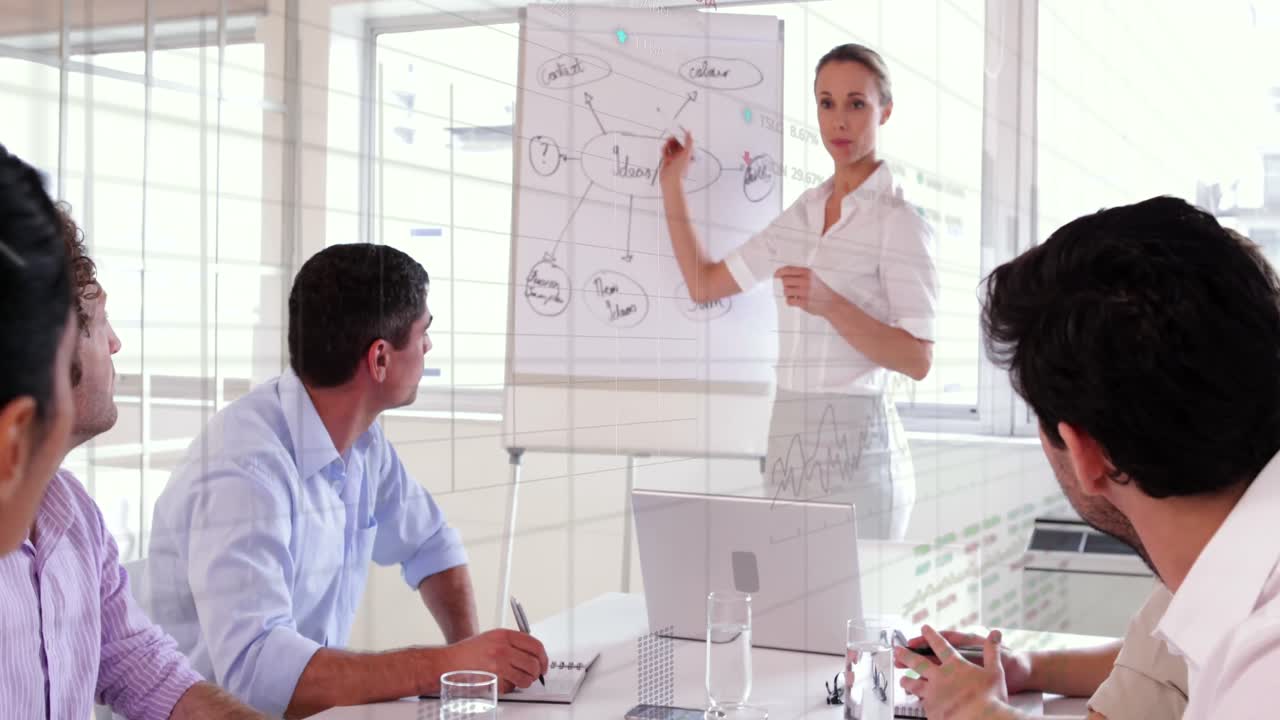 animación del procesamiento de datos financieros sobre una mujer de negocios caucásica haciendo una presentación en la oficina