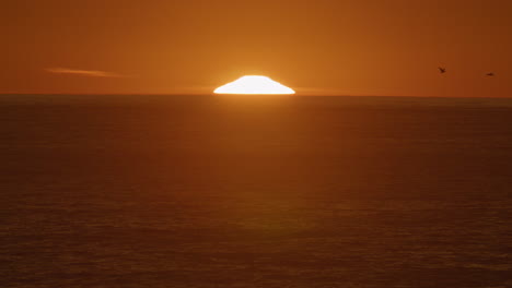 Flock-of-Pelican-birds-flying-past-large-Sun-setting-over-Pacific-Ocean