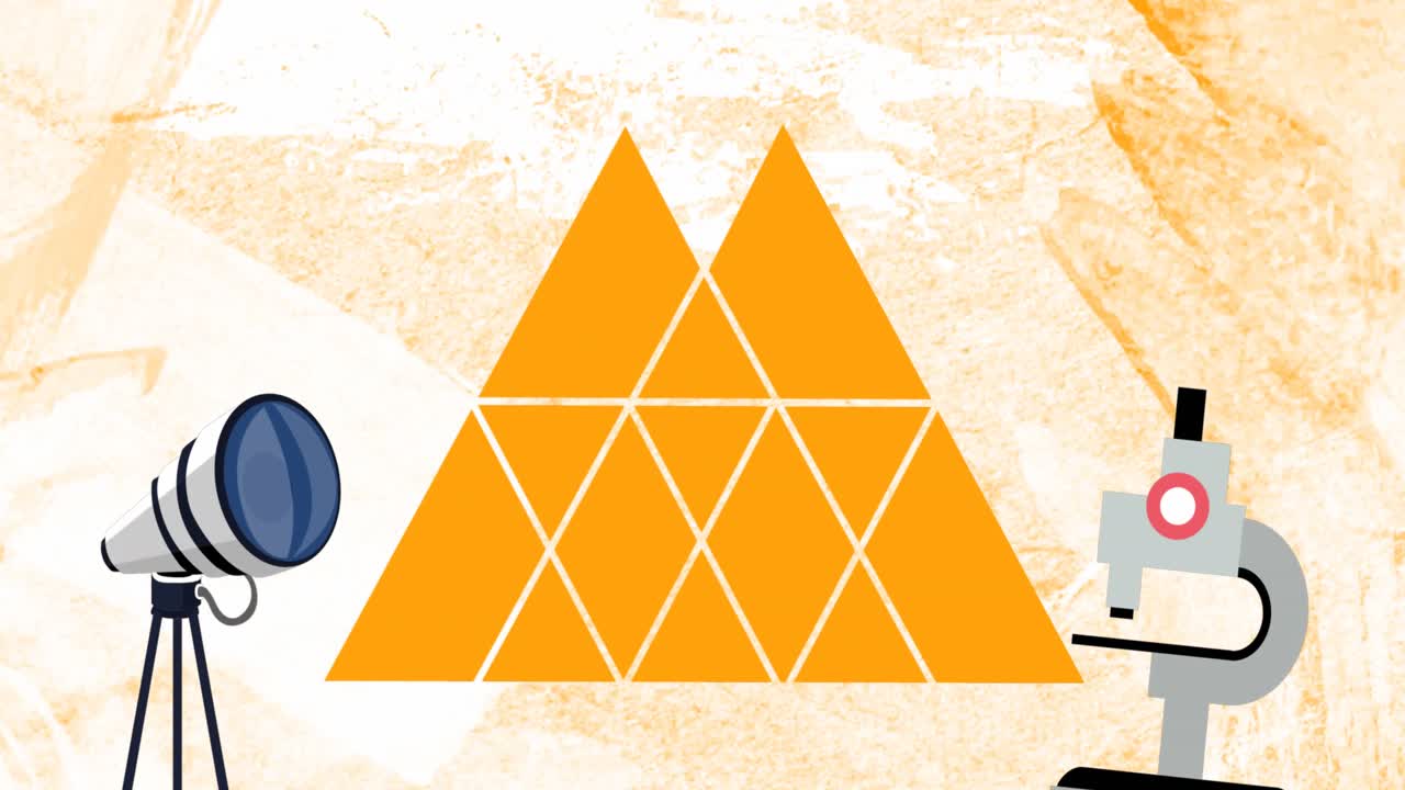 animación del icono del telescopio y el microscopio sobre una forma abstracta triangular contra un fondo grunge.