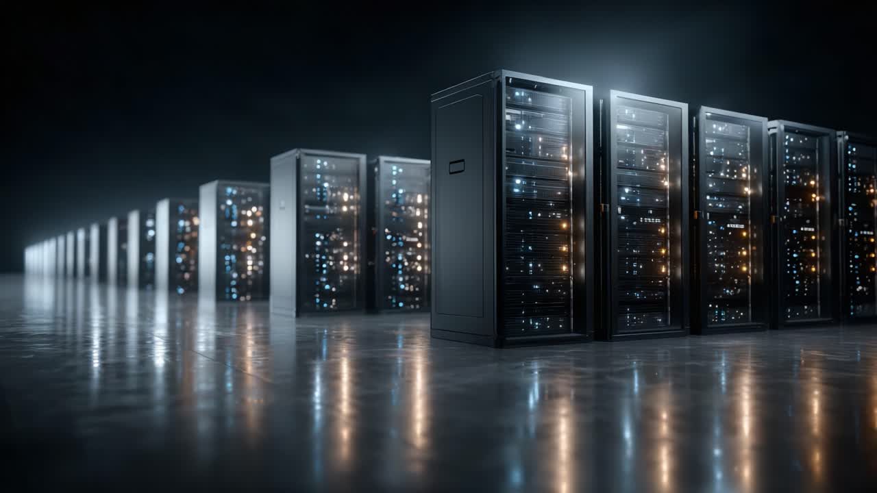 Un data center high-tech con una fila di rack server avanzati illuminati con illuminazione dinamica, che rappresenta la moderna infrastruttura informatica e la potenza di elaborazione dei dati