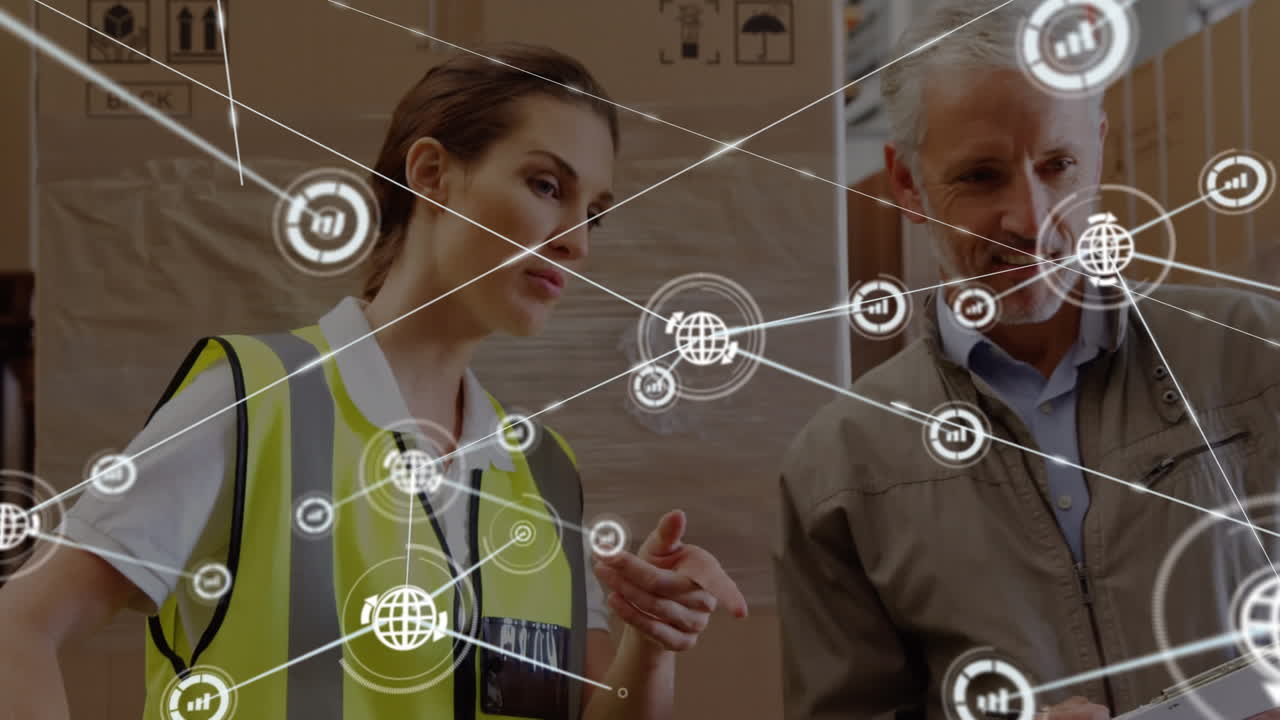 animación de la red de conexiones con iconos sobre diversas personas de negocios que trabajan en el almacén