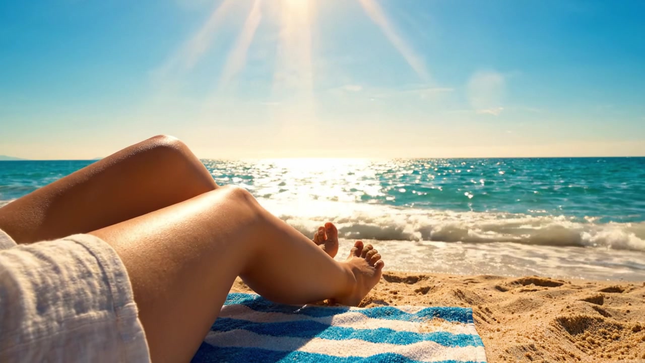 A Tranquil Day at the Beach: Enjoying the Sun, Sea, and Sand with Relaxed Legs Resting on a Blue-Striped Towel by the Shoreline under a Clear Sky