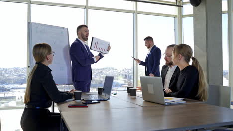 people in suits talking about new project. group of business partners have meeting in modern office.