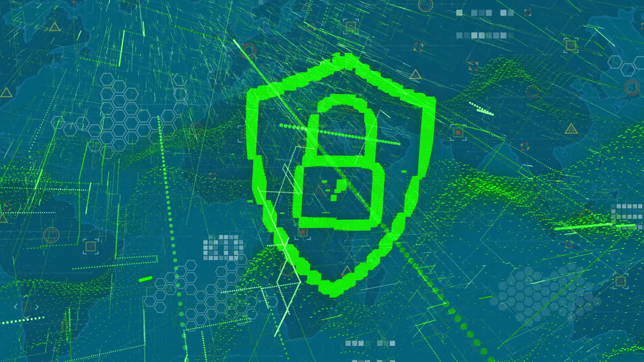 파란색 배경의 세계 지도 위에 있는  ⁇ 락 아이콘과 모양의 애니메이션