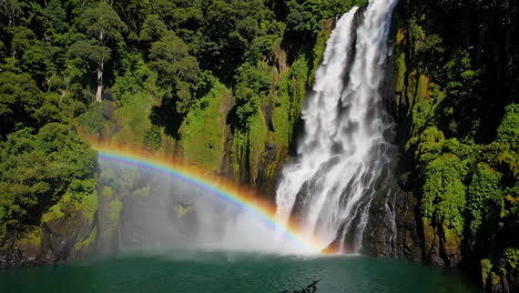 rainbow waterfall in a lush rainforest