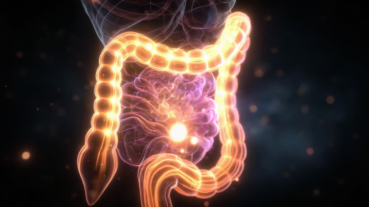 Una straordinaria visualizzazione del sistema digestivo umano, che mostra le complesse interazioni e il flusso di energia all'interno dell'intestino in una rappresentazione profondamente illuminante.
