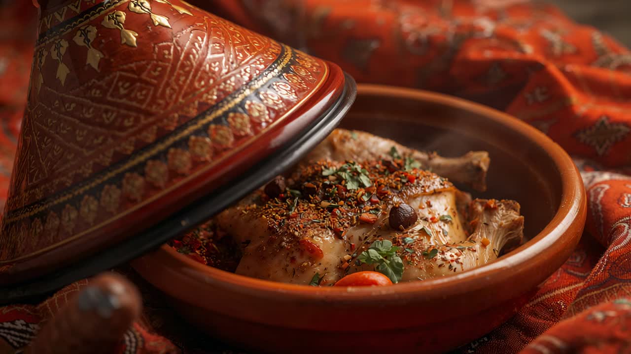 Lifting painted tagine lid, base revealing roasted chicken with herbs, tomatoes on red textile