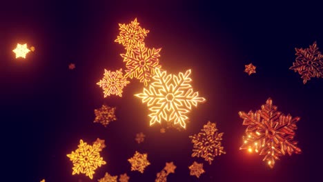 3d golden christmas background with bokeh and depth of field of shiny toy snowflakes hanging in the air beautifully shiny slowly swaying and shining in the light. beautiful 3d for new year in 4k