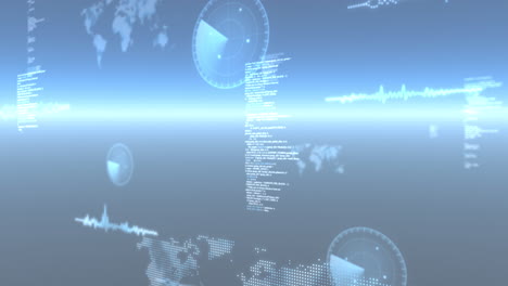 Animation of data processing, world maps and statistics recording over glowing blue background