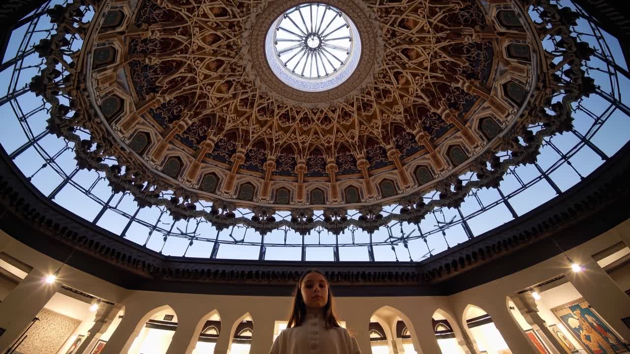 Young girl standing under an intricately decorated, symmetrical dome with a central skylight in a historical building, showcasing the impressive architecture and creating a sense of awe and wonder