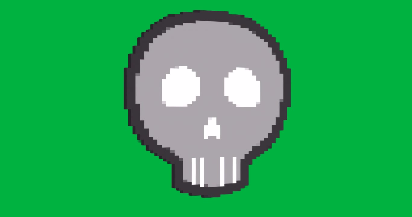 Teschio in pixel art rotante su sfondo trasparente, che evidenzia il concetto tecnologico del graphic design.