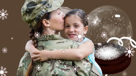 Animation-of-caucasian-female-soldier-with-daughter-and-snow-globe-over-snow-falling