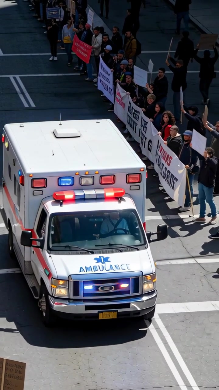 Video verticale: Ambulanza in corsa con luci lampeggianti lungo una strada cittadina, che supera manifestanti con uno striscione.