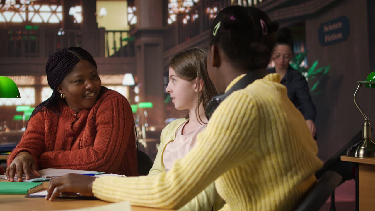 학생들이 도서관에서 토론하고 있습니다.