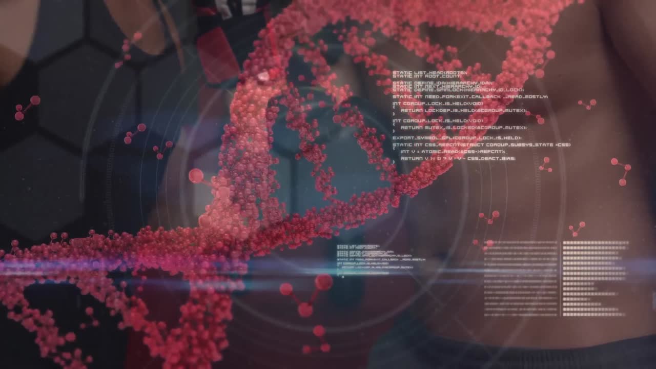근육을 가진 남자가 운동하는 dna 가닥의 애니메이션