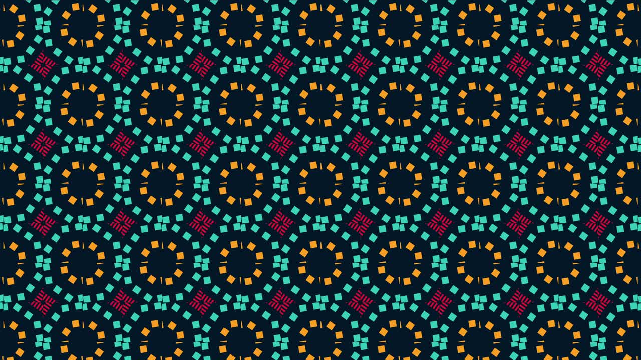 patrón de secuencia de kaleidoscopio azul, rosa y naranja en fondo oscuro. 4k. fondo de gráficos de movimiento multicolores abstractos. hermoso ornamento brillante. bucle sin costuras.