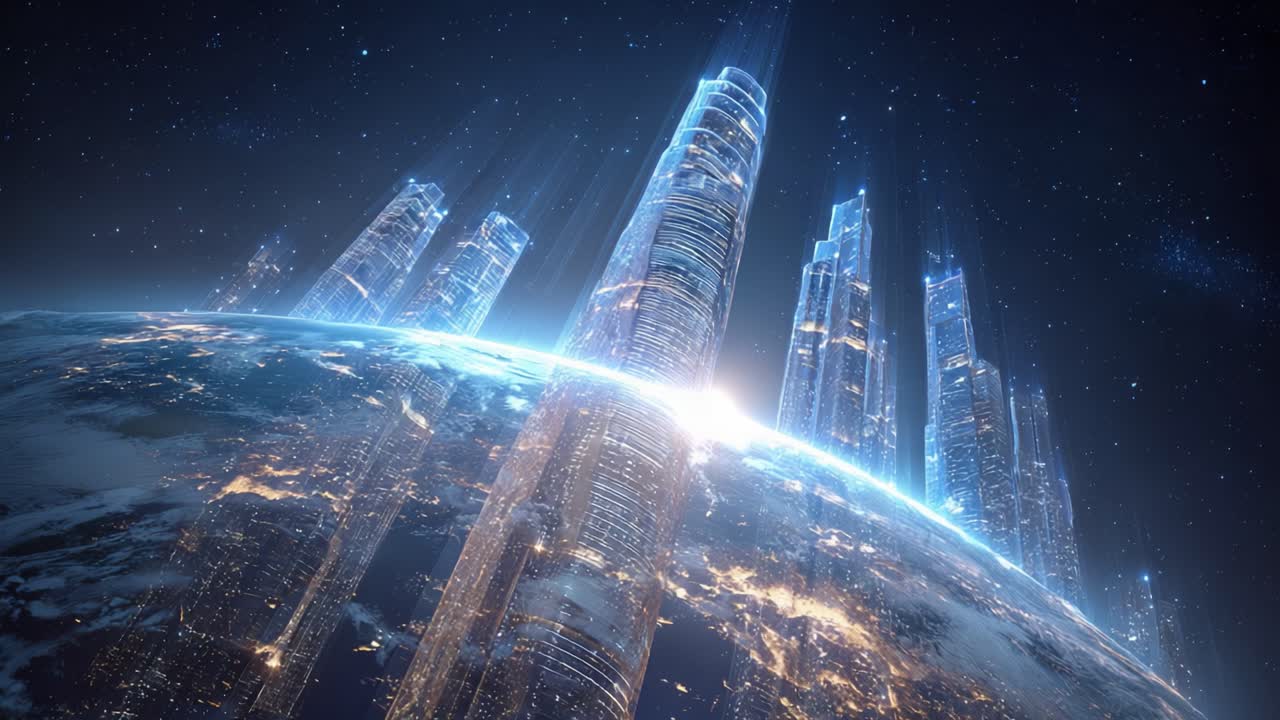 Surreal view of a futuristic city with glowing skyscrapers covering the entire planet Earth seen from orbit, representing concepts of globalization, overpopulation, and advanced civilization