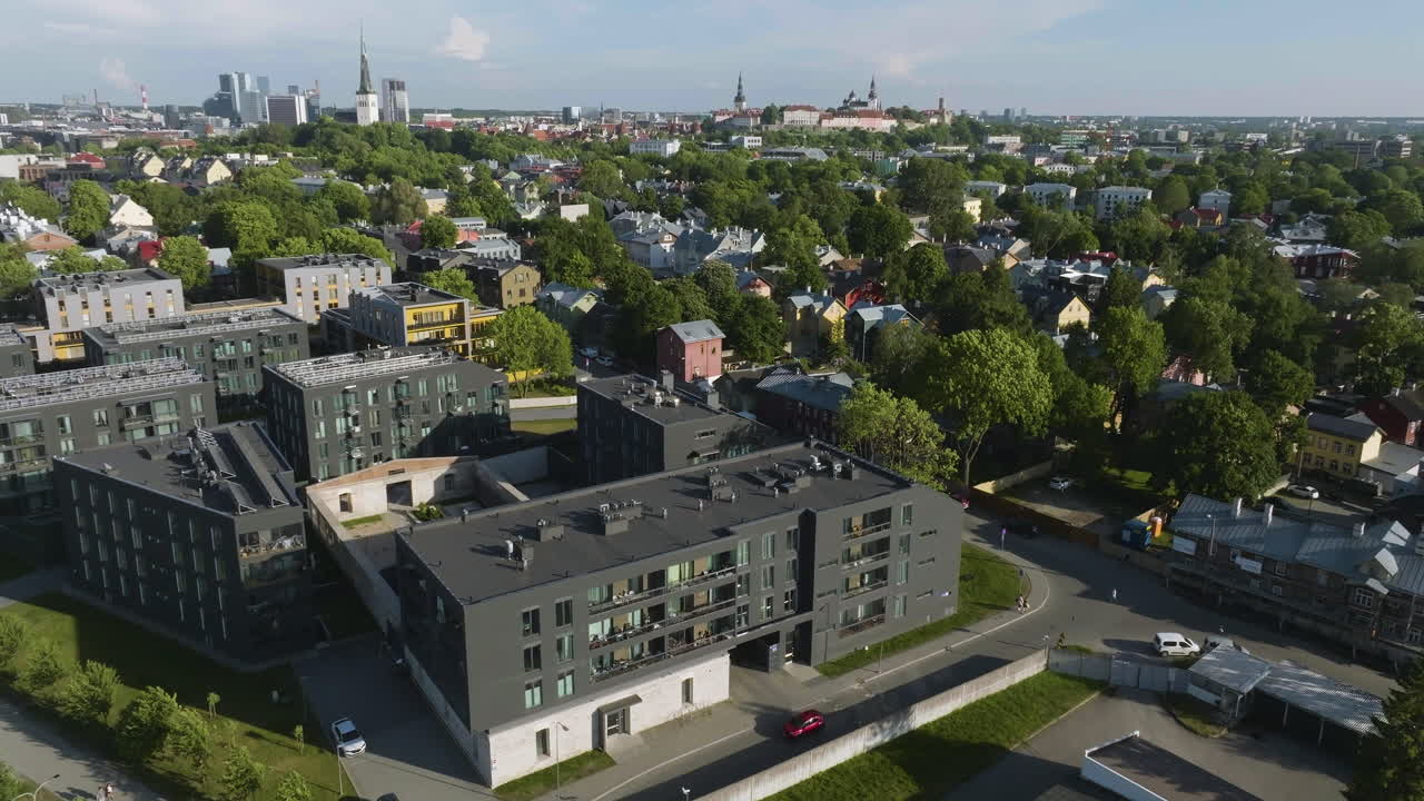 Aerial tilt shot of office buildings, revealing the skyline of Tallinn, Estonia