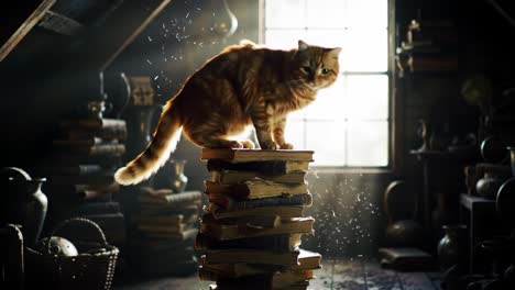 a curious ginger cat explores an attic full of old books, balancing gracefully on a tower of stacked literature in sunlit serenity