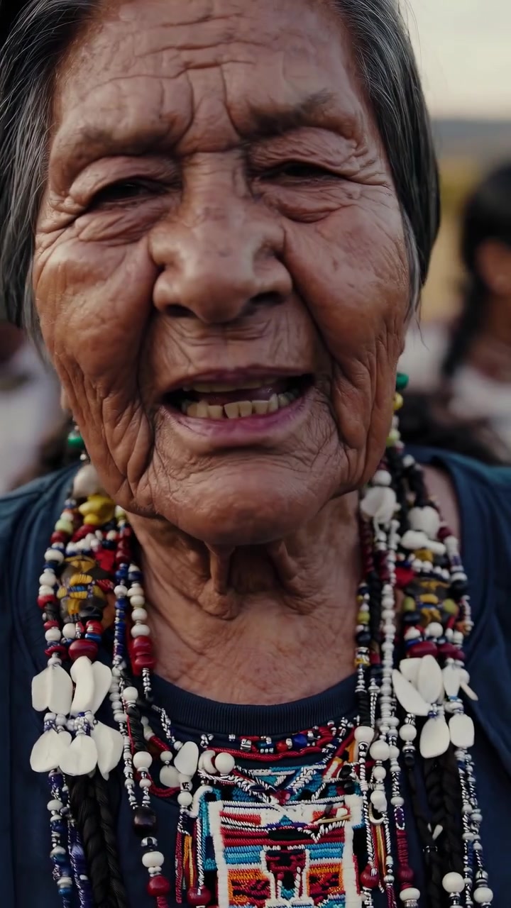 Elderly Indigenous Woman Talking and Smiling with Her Community Outdoors