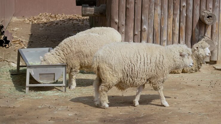 Adorabili pecore in una fattoria di Seul che camminano, si nutrono e riposano - piano medio