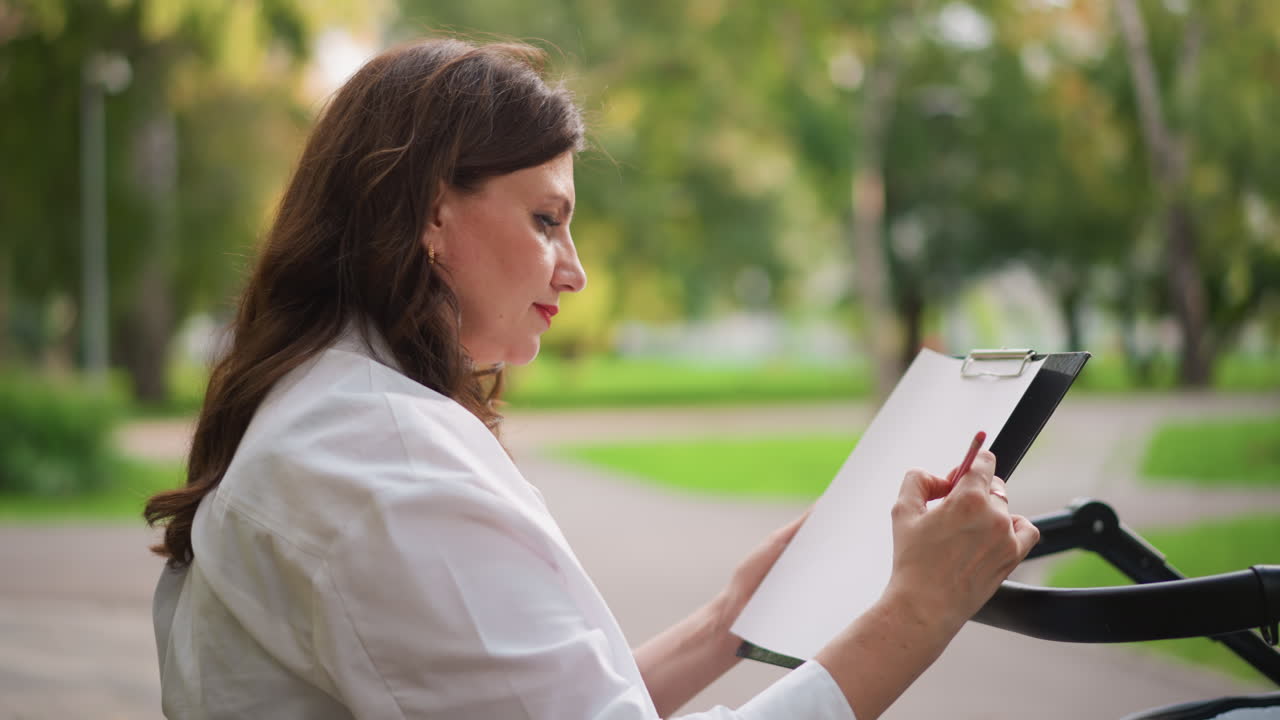 Parent records observations during walk. Mother jotting down thoughts during outdoor stroll. Attentive mother in warm clothing documents observations while walking with child in park setting
