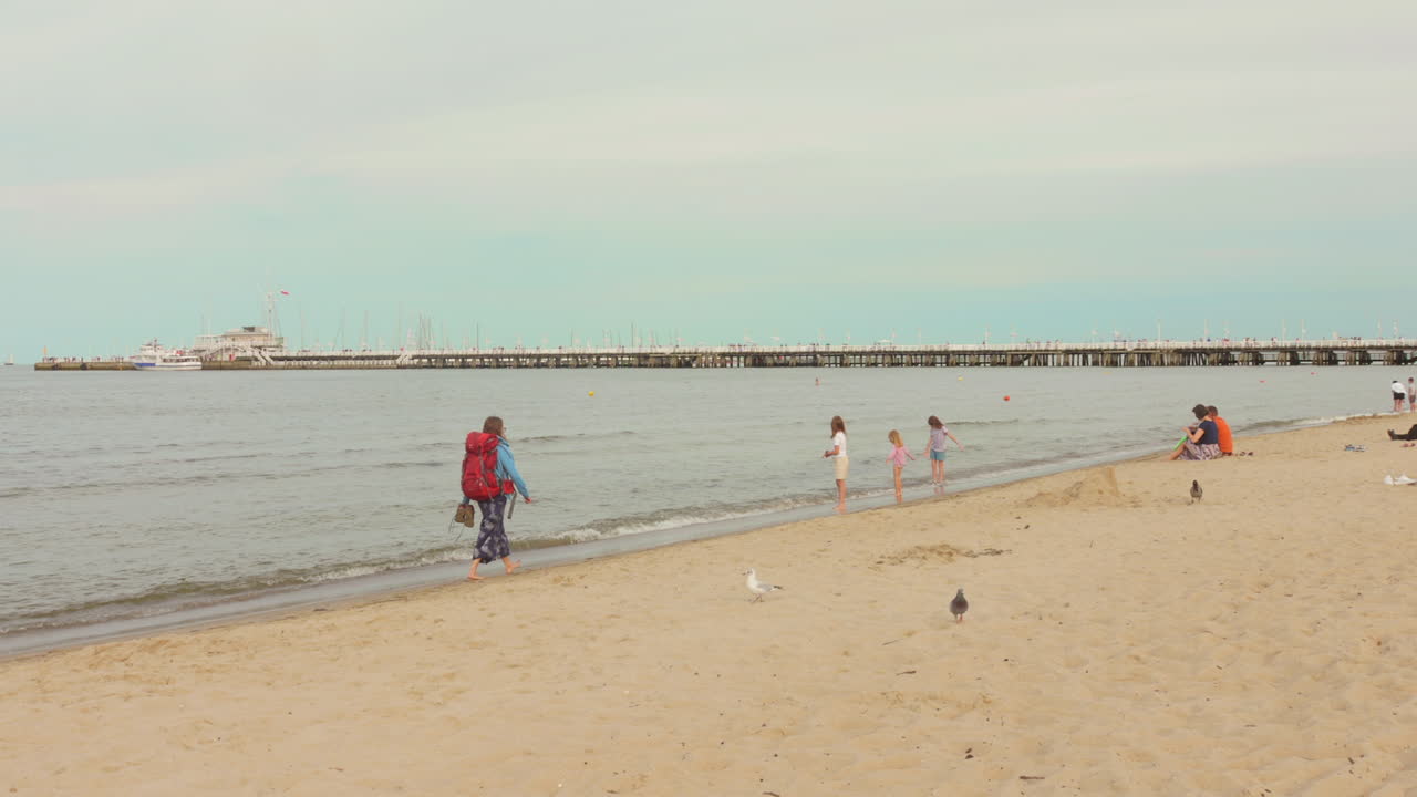 Families enjoying at Sopot beach in Sopot, Poland on a summer sunny day.