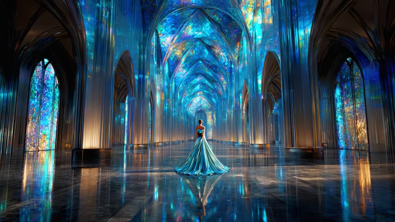 A mesmerizing scene of a lone figure in a stunning cathedral-like space, adorned with vibrant colors and reflections that create an enchanting atmosphere of wonder and beauty