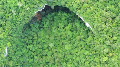 avión no tripulado volando sobre la apertura de la cueva cubierta de bosque en samar filipinas